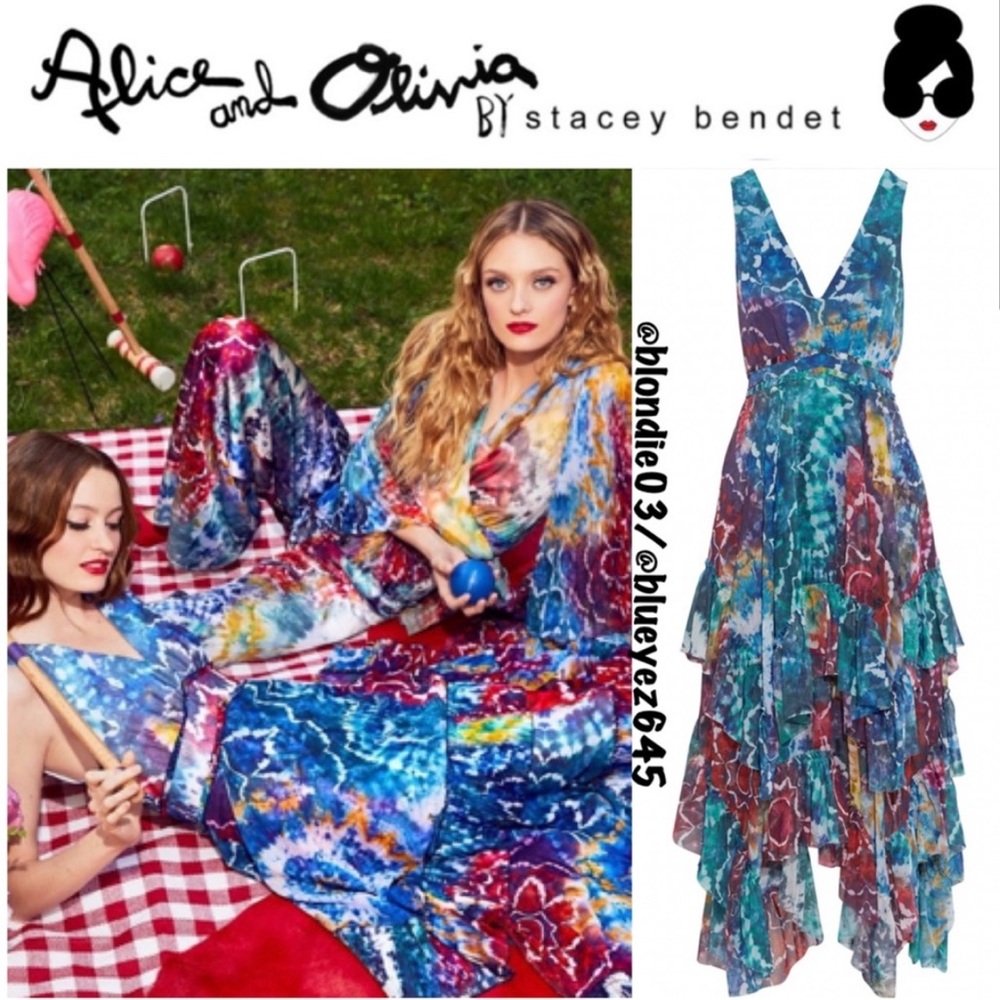 Alice + Olivia Llia asymmetric ruffled tie-dyed georgette midi dress 0